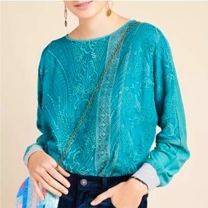 Anthropologie Tiny embroidered teal top